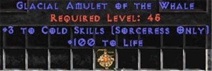 Sorceress Amulet - 3 Cold Spells & 100 Life - West Non-Ladder