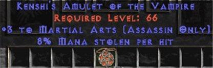 Assassin Amulet - 3 Martial Arts & 8% ML - East Non-Ladder