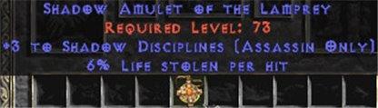 Assassin Amulet - 3 Shadow Disciplines & 6% LL - Europe Non-Ladder