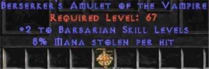 Barbarian Amulet - 2 All Barb Skills & 8% ML - Europe Non-Ladder