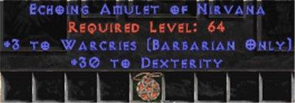 Barbarian Amulet - 3 Warcries & 30 Dex - East Non-Ladder