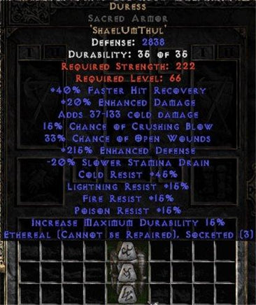 Duress Sacred Armor - Ethereal - 215% EDef & 20% EDmg - Perfect - East Non-Ladder