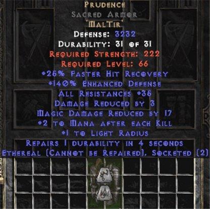 Prudence Sacred Armor - Eth Bugged - 140-169% ED & 35 Res - West Non-Ladder