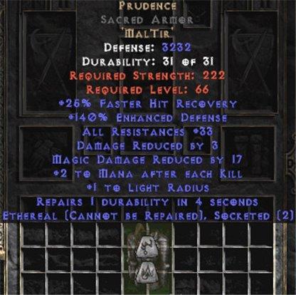 Prudence Sacred Armor - Eth Bugged - 140-169% ED & 25-34 Res - West Non-Ladder