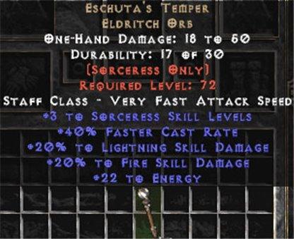 Eschuta's Temper +3 Sorc Skills & +20% Fire & Lightning Damage - Europe Non-Ladder