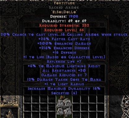 Fortitude Sacred Armor - 30 Res & 1-1.375 Life - West Non-Ladder