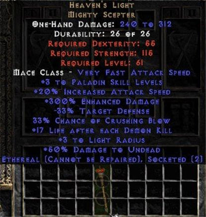 Heaven's Light - Ethereal - 2 Sockets/3Skills/300% EDmg/1-19 LADK - East Non-Ladder