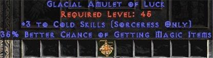 Sorceress Amulet - 3 Cold Spells & 35% MF - West Non-Ladder