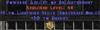 Sorceress Amulet - 3 Lightning Spells & 30 Energy - West Non-Ladder