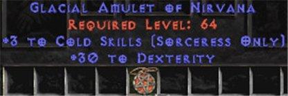 Sorceress Amulet - 3 Cold Spells & 30 Dex - West Non-Ladder