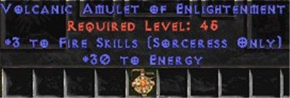 Sorceress Amulet - 3 Fire Spells & 30 Energy - West Non-Ladder