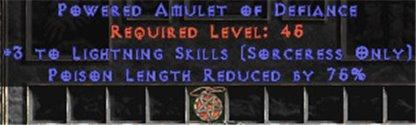 Sorceress Amulet - 3 Lightning Spells & 75% PLR - West Non-Ladder