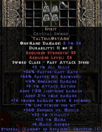 Spirit Crystal Sword - Ethereal - 35% FCR/112 Mana/8 MA - Perfect - West Non-Ladder