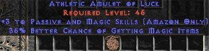 Amazon Amulet - 3 Passive/Magic Skills & 35% MF - West Non-Ladder