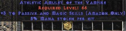 Amazon Amulet - 3 Passive/Magic Skills & 8% ML - West Non-Ladder
