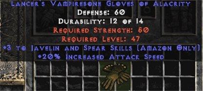 Amazon Gloves - 3 Javelin/Spear Skills & 20% IAS - East Ladder