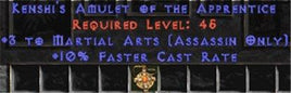 Assassin Amulet - 3 Martial Arts & 10% FCR - Europe Non-Ladder