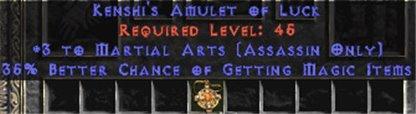 Assassin Amulet - 3 Martial Arts & 35% MF - East Ladder