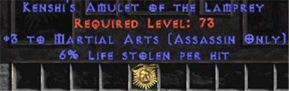 Assassin Amulet - 3 Martial Arts & 6% LL - East Ladder
