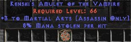 Assassin Amulet - 3 Martial Arts & 8% ML - East Non-Ladder