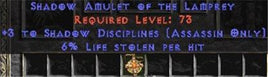 Assassin Amulet - 3 Shadow Disciplines & 6% LL - Europe Non-Ladder