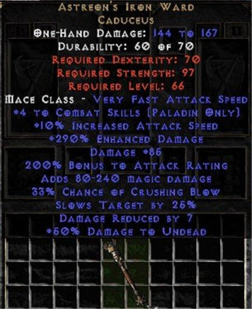 Astreon's Iron Ward - 4 Skills/290% EDmg/85 Dmg/7 DR/200% AR - Perfect - Europe Non-Ladder