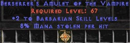 Barbarian Amulet - 2 All Barb Skills & 8% ML - Europe Non-Ladder