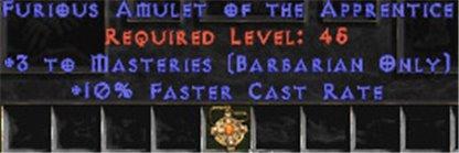 Barbarian Amulet - 3 Combat Masteries & 10% FCR - East Non-Ladder