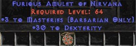Barbarian Amulet - 3 Combat Masteries & 30 Dex - West Ladder