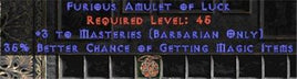 Barbarian Amulet - 3 Combat Masteries & 35% MF - East Ladder