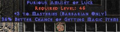 Barbarian Amulet - 3 Combat Masteries & 35% MF - East Non-Ladder