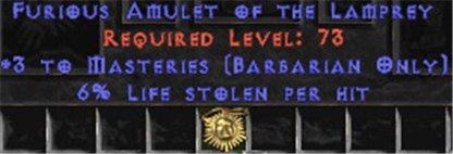 Barbarian Amulet - 3 Combat Masteries & 6% LL - West Ladder