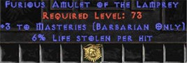 Barbarian Amulet - 3 Combat Masteries & 6% LL - Europe Non-Ladder
