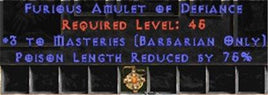 Barbarian Amulet - 3 Combat Masteries & 75% PLR - East Ladder