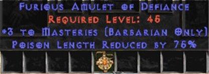 Barbarian Amulet - 3 Combat Masteries & 75% PLR - West Ladder