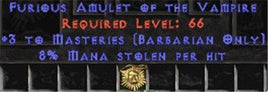 Barbarian Amulet - 3 Combat Masteries & 8% ML - East HC Ladder