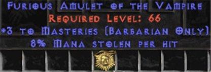 Barbarian Amulet - 3 Combat Masteries & 8% ML - Europe HC Ladder
