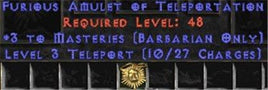 Barbarian Amulet - 3 Combat Masteries & Teleport - Europe Non-Ladder