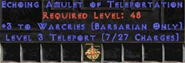 Barbarian Amulet - 3 Warcries & Teleport - Europe Non-Ladder