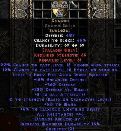 Dragon Crown Shield - 45 Res - 3-4 All Stats - East Ladder