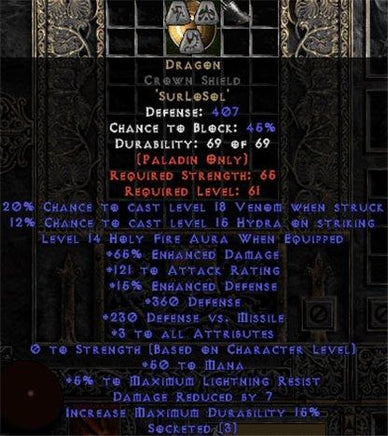 Dragon Crown Shield - 65% ED/121 AR - 3-4 All Stats - East HC Ladder
