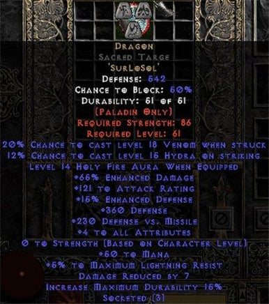 Dragon Sacred Targe - 65% ED/121 AR - 3-4 All Stats - East HC Ladder