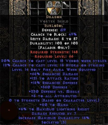 Dragon Vortex Shield - 65% ED/121 AR - 5 All Stats - Perfect - Europe Non-Ladder