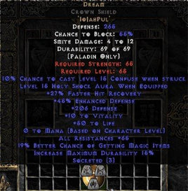 Dream Crown Shield - 45 Res - 65 Res/20-29% FHR/12-25% MF/150-220 Def - East Non-Ladder