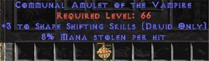 Druid Amulet - 3 Shapeshifting & 8% ML - East Non-Ladder