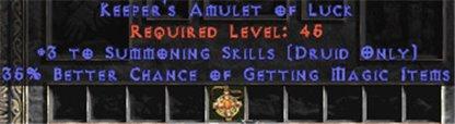 Druid Amulet - 3 Summoning & 35% MF - East Non-Ladder