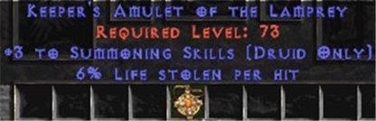 Druid Amulet - 3 Summoning & 6% LL - East HC Ladder