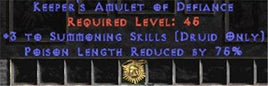 Druid Amulet - 3 Summoning & 75% PLR - Europe Non-Ladder