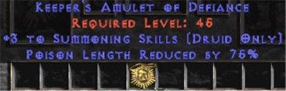 Druid Amulet - 3 Summoning & 75% PLR - East HC Ladder