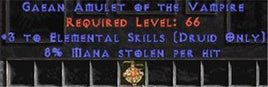Druid Amulet - 3 Elemental & 8% ML - Europe Non-Ladder